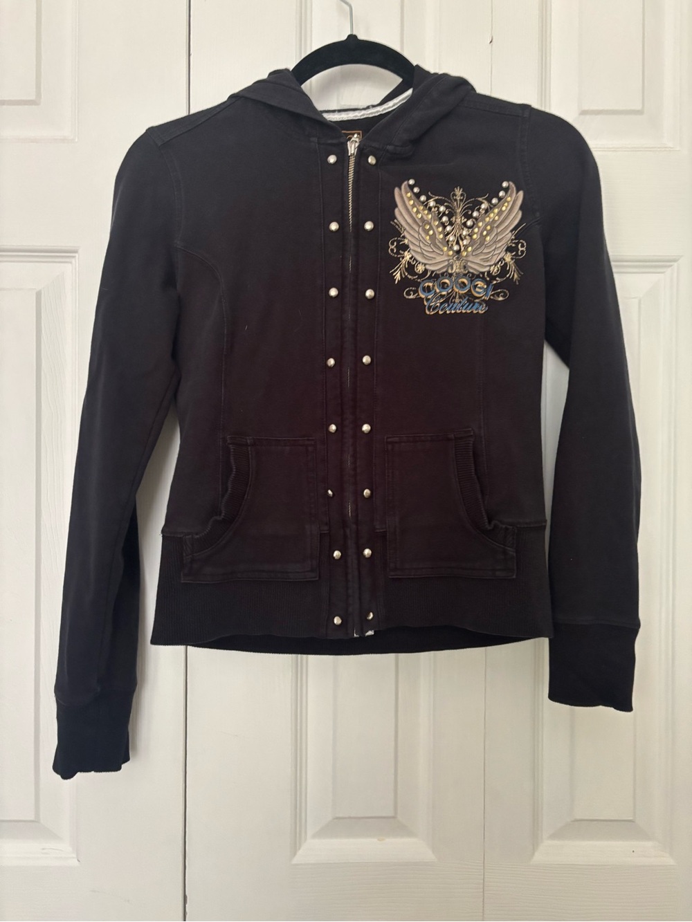 COOGI Black Studded Hooded Jacket with Embroidered Wing Detail